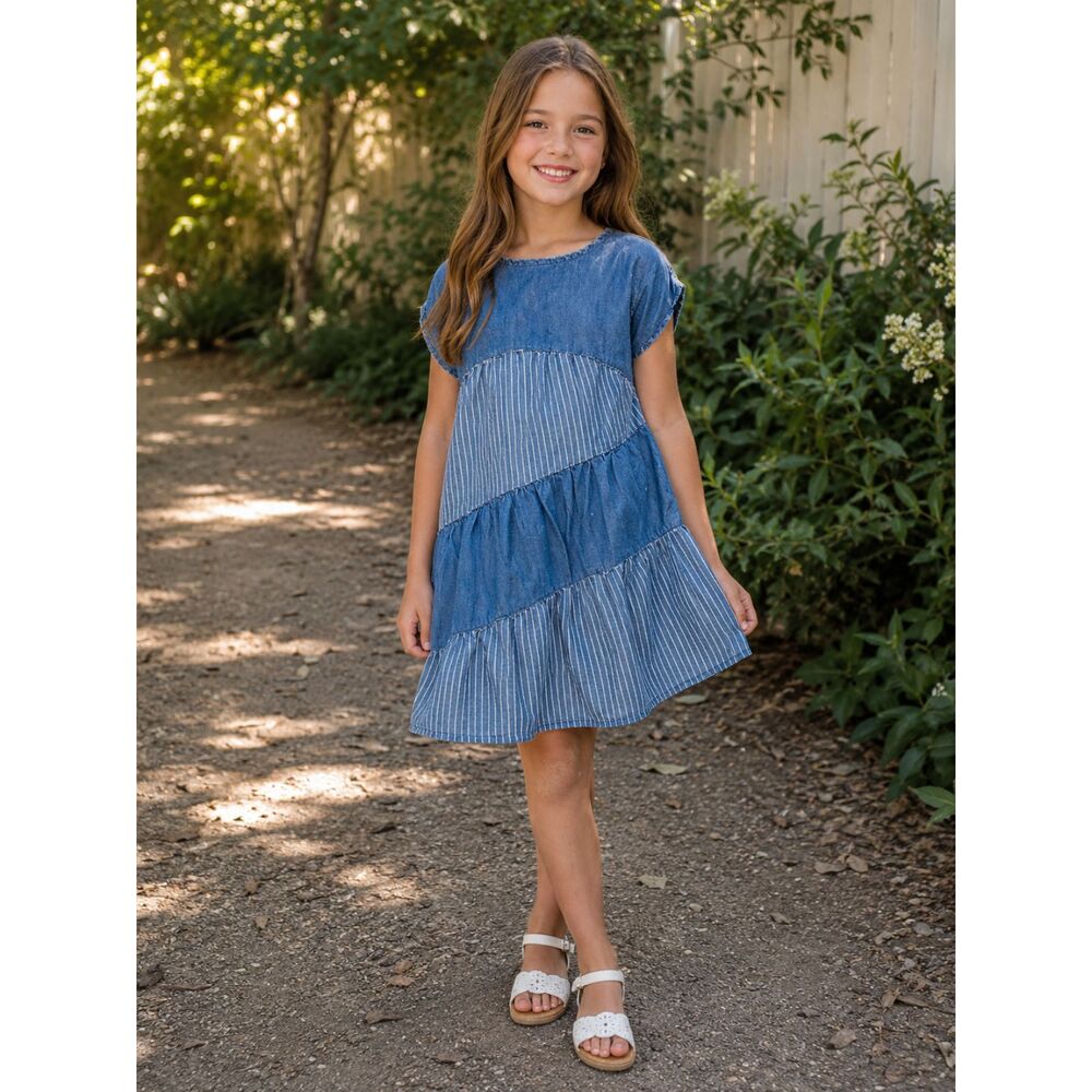 BCBGirls Denim Dress Girls 6 Blue Asymmetric Tiered Shift Chambray Short Sleeve